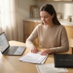Adult child reviewing legal documents and checklist at a table after a parent died, with memorial flowers and laptop