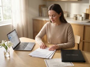 Adult child reviewing legal documents and checklist at a table after a parent died, with memorial flowers and laptop