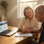Adult child caregiver helping elderly parent at kitchen table with legal documents and a Medicare card visible, laptop open to benefits website