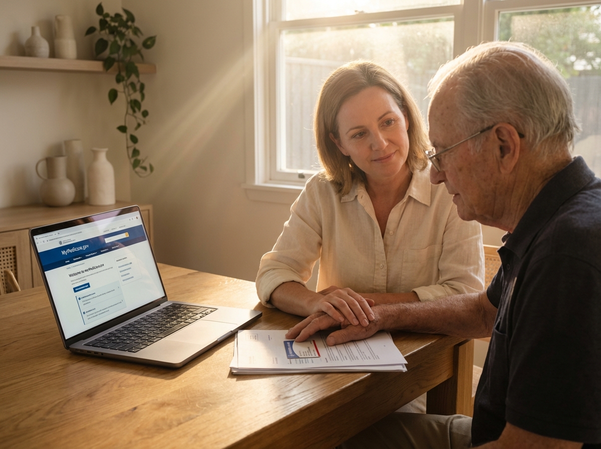 Adult child caregiver helping elderly parent at kitchen table with legal documents and a Medicare card visible, laptop open to benefits website