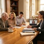 Multigenerational family consulting with an elder law attorney over legal documents labeled Power of Attorney and Advance Directive at a home table