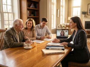 Multigenerational family consulting with an elder law attorney over legal documents labeled Power of Attorney and Advance Directive at a home table