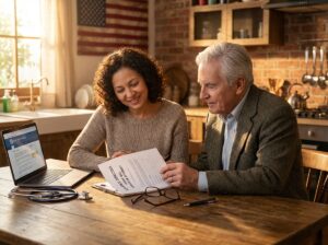 Family caregiver and senior reviewing an advance directive living will and power of attorney at a table with healthcare documents and a laptop showing a state form