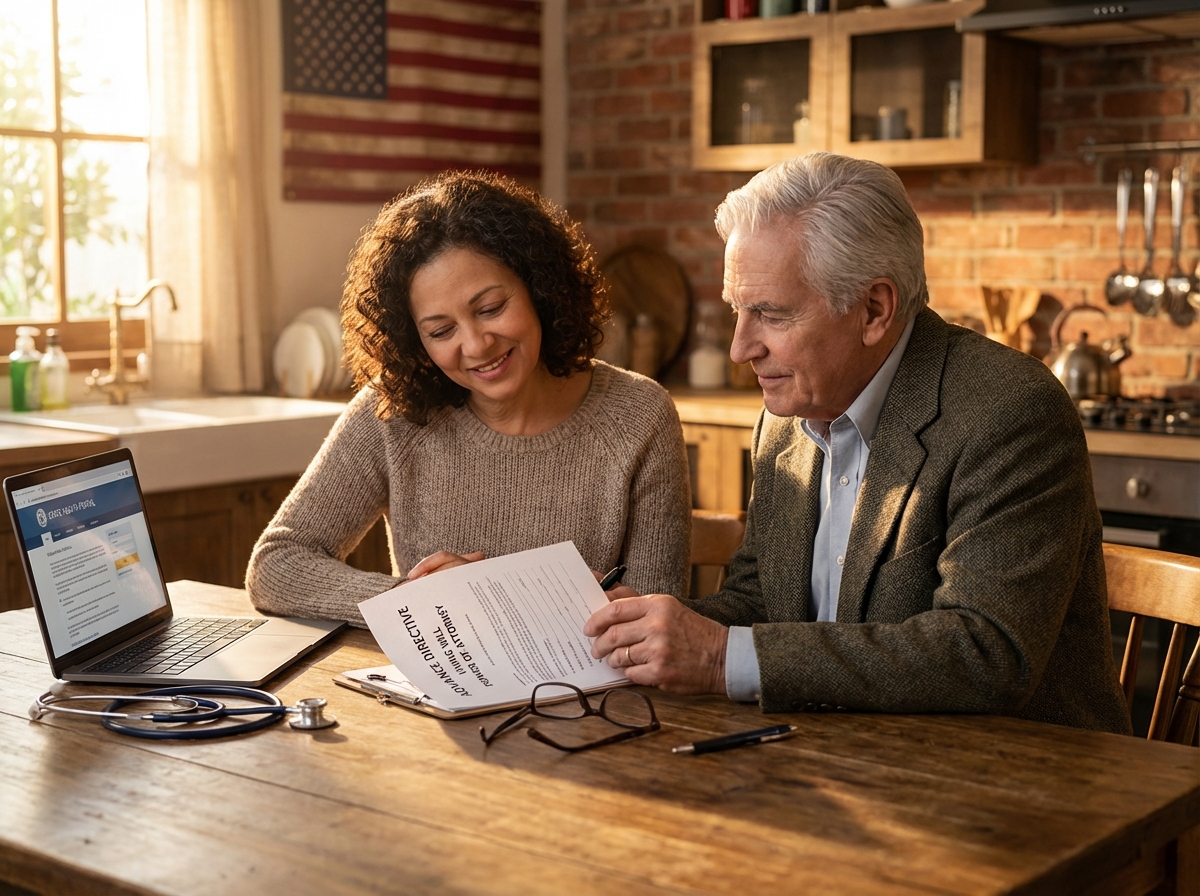 Family caregiver and senior reviewing an advance directive living will and power of attorney at a table with healthcare documents and a laptop showing a state form
