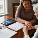 Adult caregiver and elderly parent reviewing HIPAA authorization and power of attorney documents at a kitchen table with a tablet showing a patient portal.