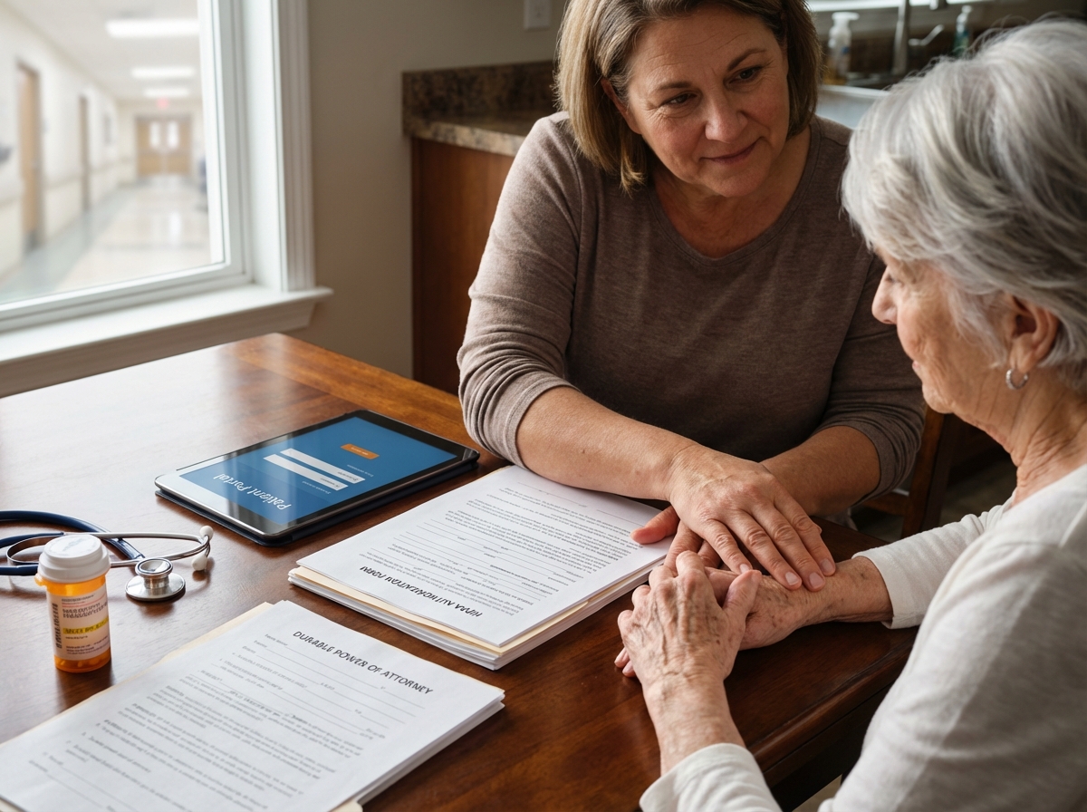 Adult caregiver and elderly parent reviewing HIPAA authorization and power of attorney documents at a kitchen table with a tablet showing a patient portal.
