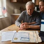 Family caregiver and elderly relative reviewing paperwork including Social Security card death certificate and legal checklist at a kitchen table