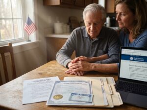Family caregiver and elderly relative reviewing paperwork including Social Security card death certificate and legal checklist at a kitchen table