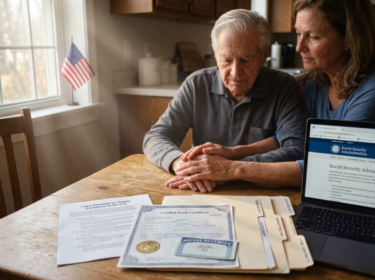 Family caregiver and elderly relative reviewing paperwork including Social Security card death certificate and legal checklist at a kitchen table