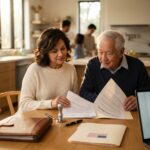 Family caregiver and elderly parent reviewing medical and financial power of attorney documents at a kitchen table with a notary stamp and laptop.