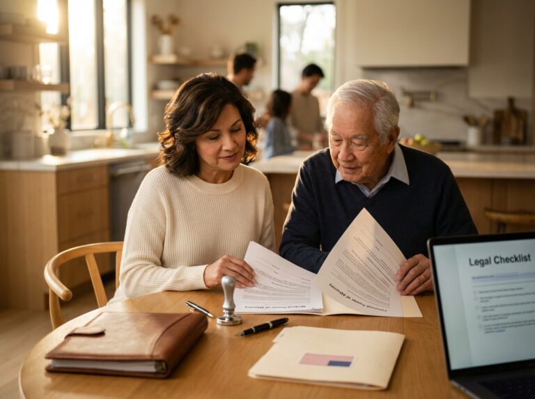 Family caregiver and elderly parent reviewing medical and financial power of attorney documents at a kitchen table with a notary stamp and laptop.
