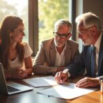 Family caregiver discussing legal paperwork with elderly relative and attorney at a table showing power of attorney advance directive and Medicaid forms