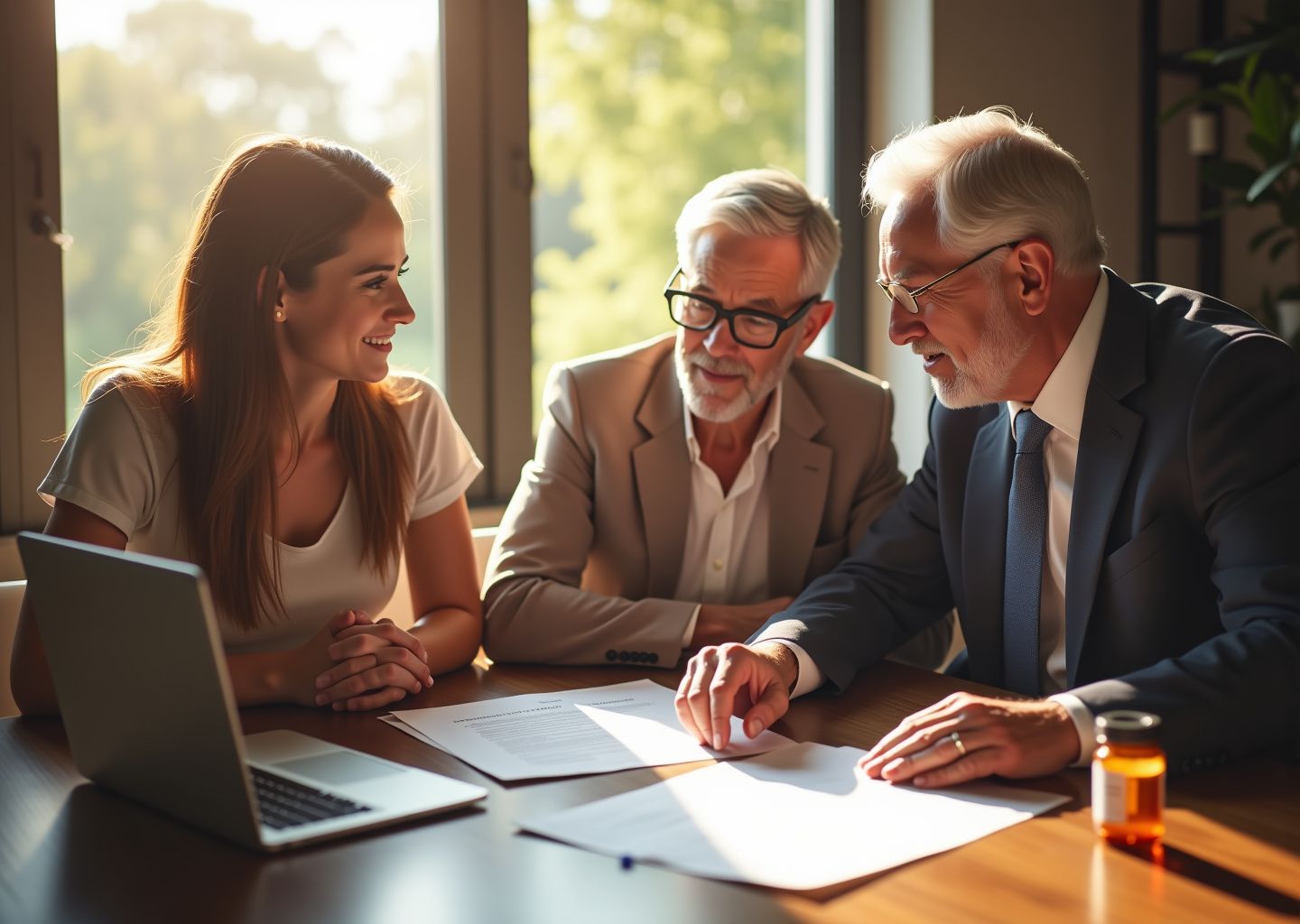 Family caregiver discussing legal paperwork with elderly relative and attorney at a table showing power of attorney advance directive and Medicaid forms