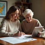 Adult child and elderly parent reviewing legal documents with an elder law professional at a kitchen table, showing supportive caregiving and legal planning