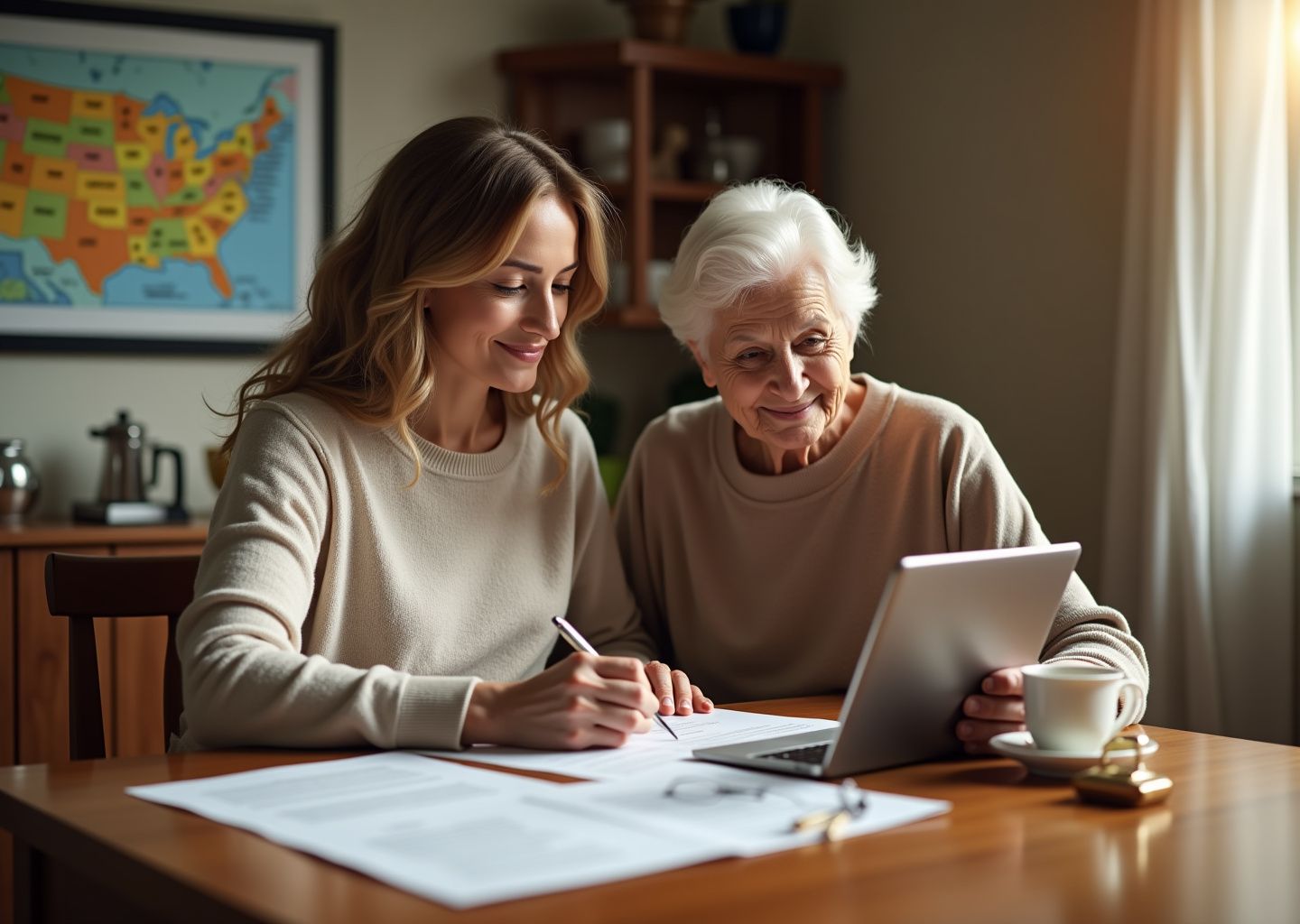 Adult child and elderly parent reviewing legal documents with an elder law professional at a kitchen table, showing supportive caregiving and legal planning