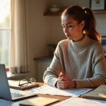 Family caregiver at a table organizing executor documents including a will, death certificates, power of attorney and a checklist next to a laptop and calendar