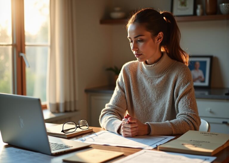Family caregiver at a table organizing executor documents including a will, death certificates, power of attorney and a checklist next to a laptop and calendar