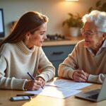 Family caregiver and older adult reviewing a Five Wishes advance directive at a kitchen table with laptop, documents, and notary stamp