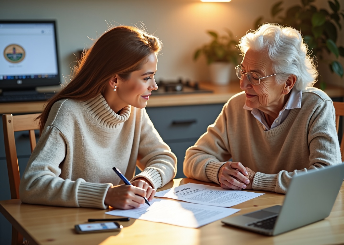 Family caregiver and older adult reviewing a Five Wishes advance directive at a kitchen table with laptop, documents, and notary stamp