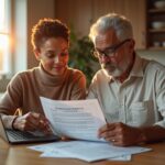 Adult child and elderly parent reviewing bank documents and a durable power of attorney at a kitchen table with laptop and papers labeled Medicaid and trust