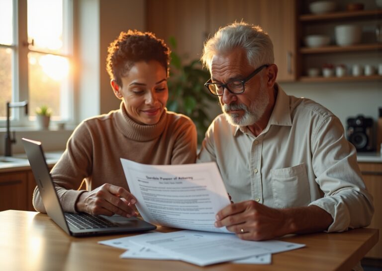 Adult child and elderly parent reviewing bank documents and a durable power of attorney at a kitchen table with laptop and papers labeled Medicaid and trust