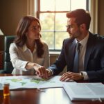 Family caregiver and attorney reviewing power of attorney, advance directive, and guardianship paperwork with a tablet showing a US state map