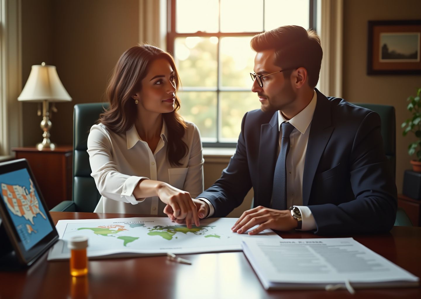 Family caregiver and attorney reviewing power of attorney, advance directive, and guardianship paperwork with a tablet showing a US state map