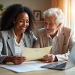 Caregiver and elderly parent reviewing Social Security card, property deed, and power of attorney documents at a kitchen table with a folder labeled Important Documents