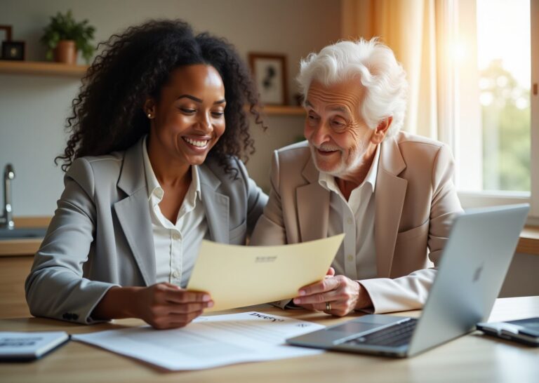 Caregiver and elderly parent reviewing Social Security card, property deed, and power of attorney documents at a kitchen table with a folder labeled Important Documents
