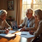 Family caregiver and older adult reviewing power of attorney forms at a home table with laptop and notary items visible, while consulting an attorney by video call