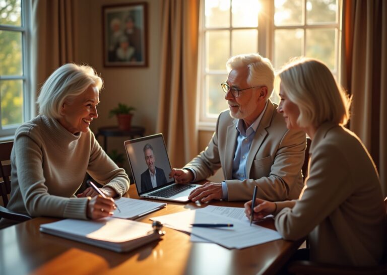 Family caregiver and older adult reviewing power of attorney forms at a home table with laptop and notary items visible, while consulting an attorney by video call